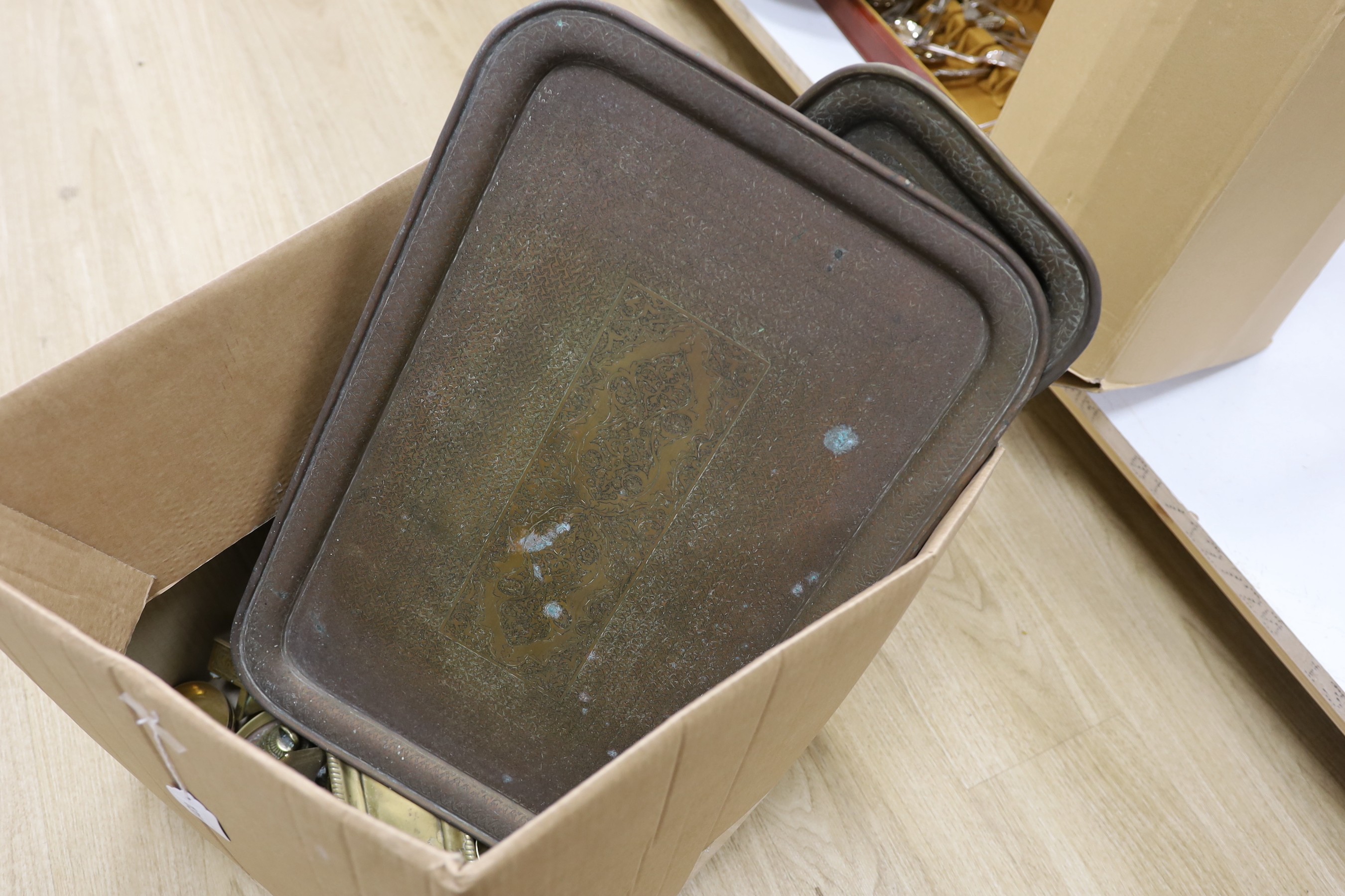 A group of assorted metalware including Indian and Persian trays